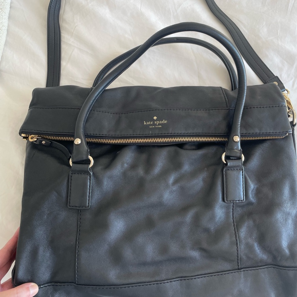 Beautiful Kate Spade black leather work tote with short and long straps.
